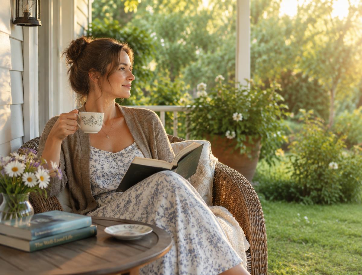 A teacher reading with tea on a porch at golden hour