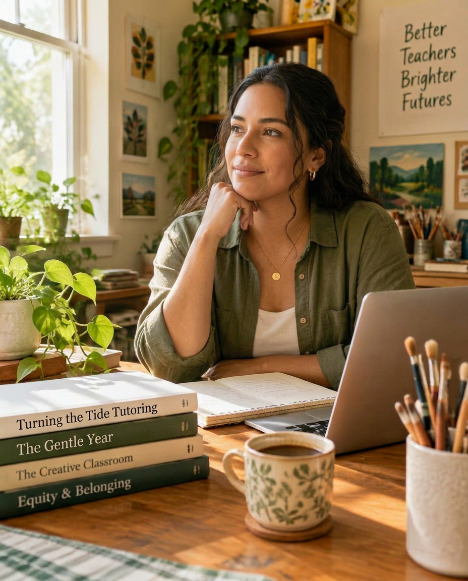 A teacher reflecting at her sunlit desk with books, paints and coffee