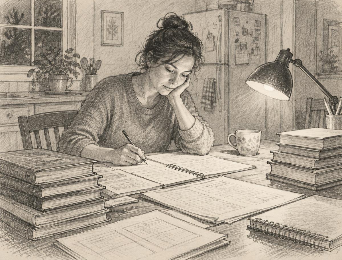 Graphite sketch of a teacher planning late at her kitchen table